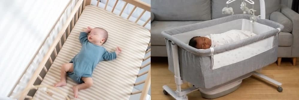 Babies sleeping in crib and bassinet